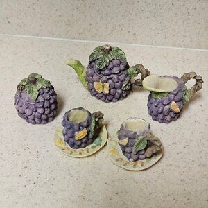 Vintage 90s Miniature Resin Tea Set - Purple Grape Vineyard